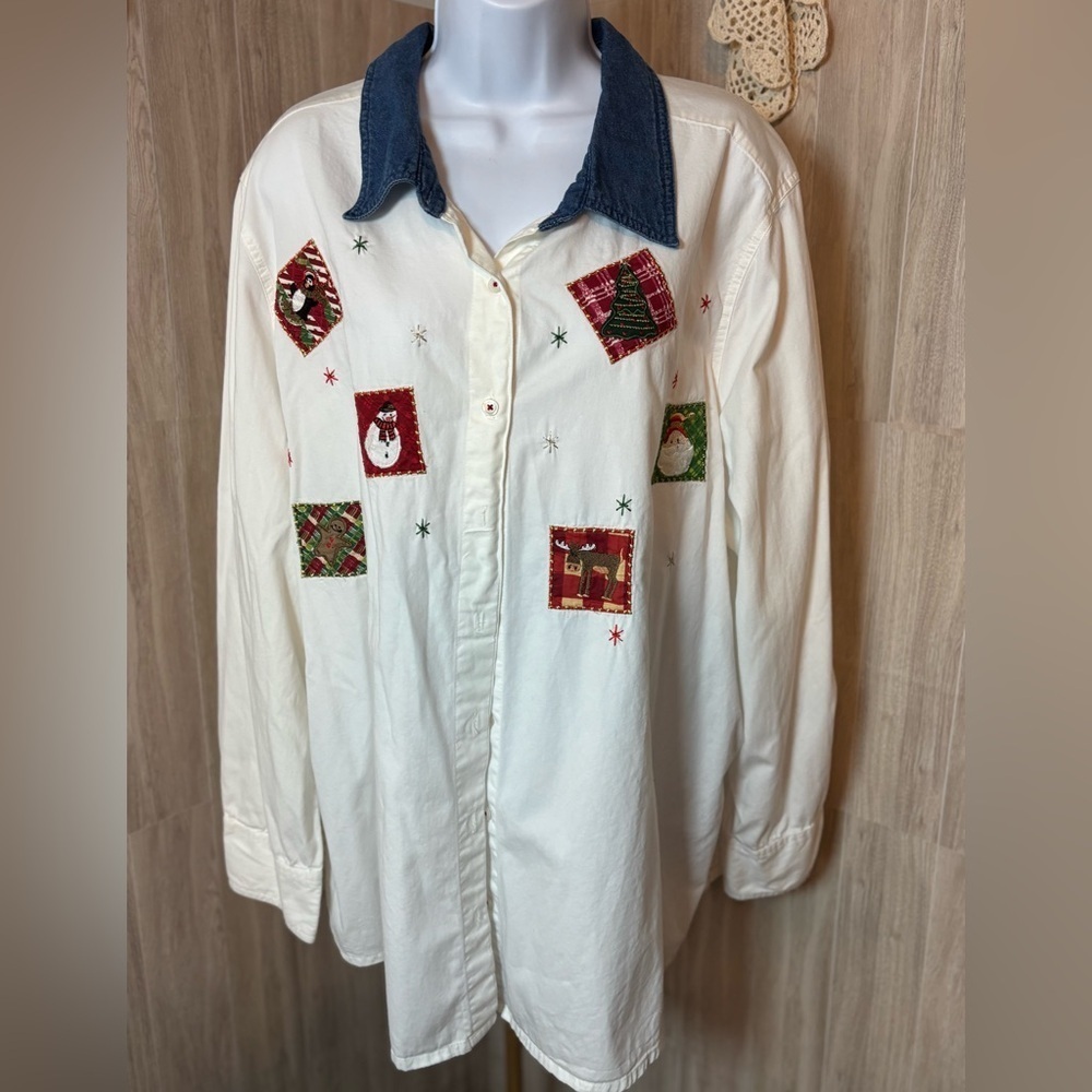 Classic White Top With Blue Denim Collar Christmas